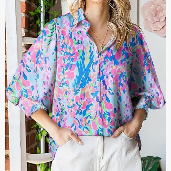 Astylish Loose V-Neck Shirts Paisley Print Lantern Sleeve Blouse Tops XL - Picture 2 of 4